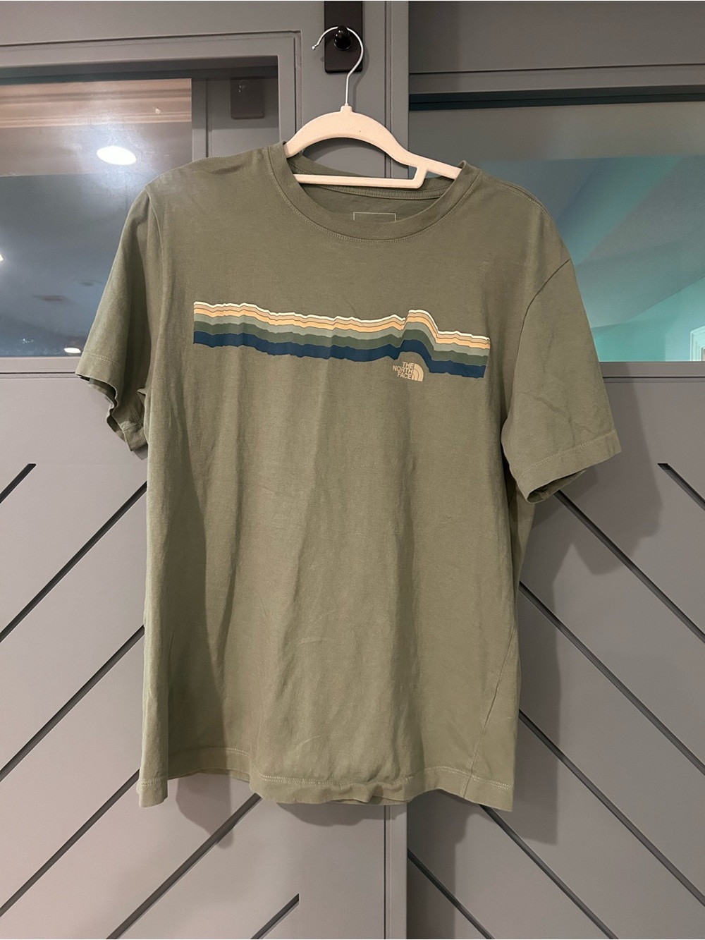 The North Face Olive Short Sleeve Tee with Multistripe Graphic